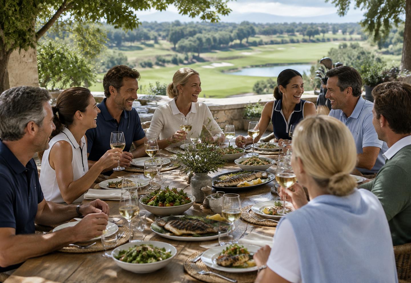 A group of golfers at a long table on a clubhouse terrace overlooking a fairway