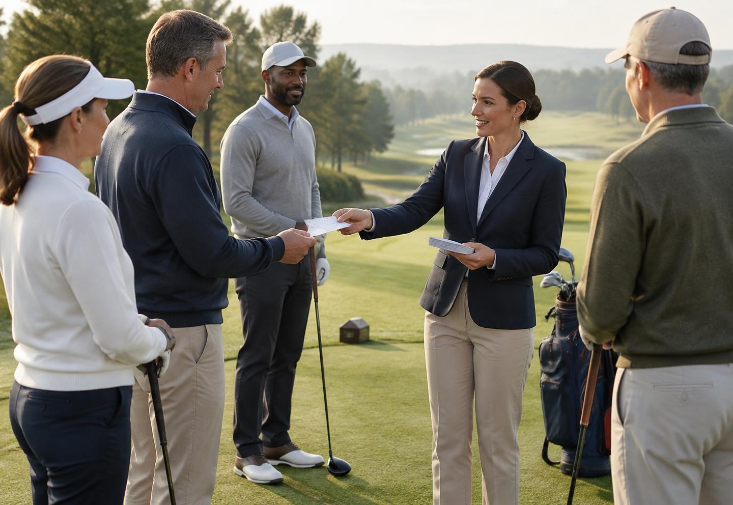 A coordinator handing scorecards to a group of golfers at the first tee
