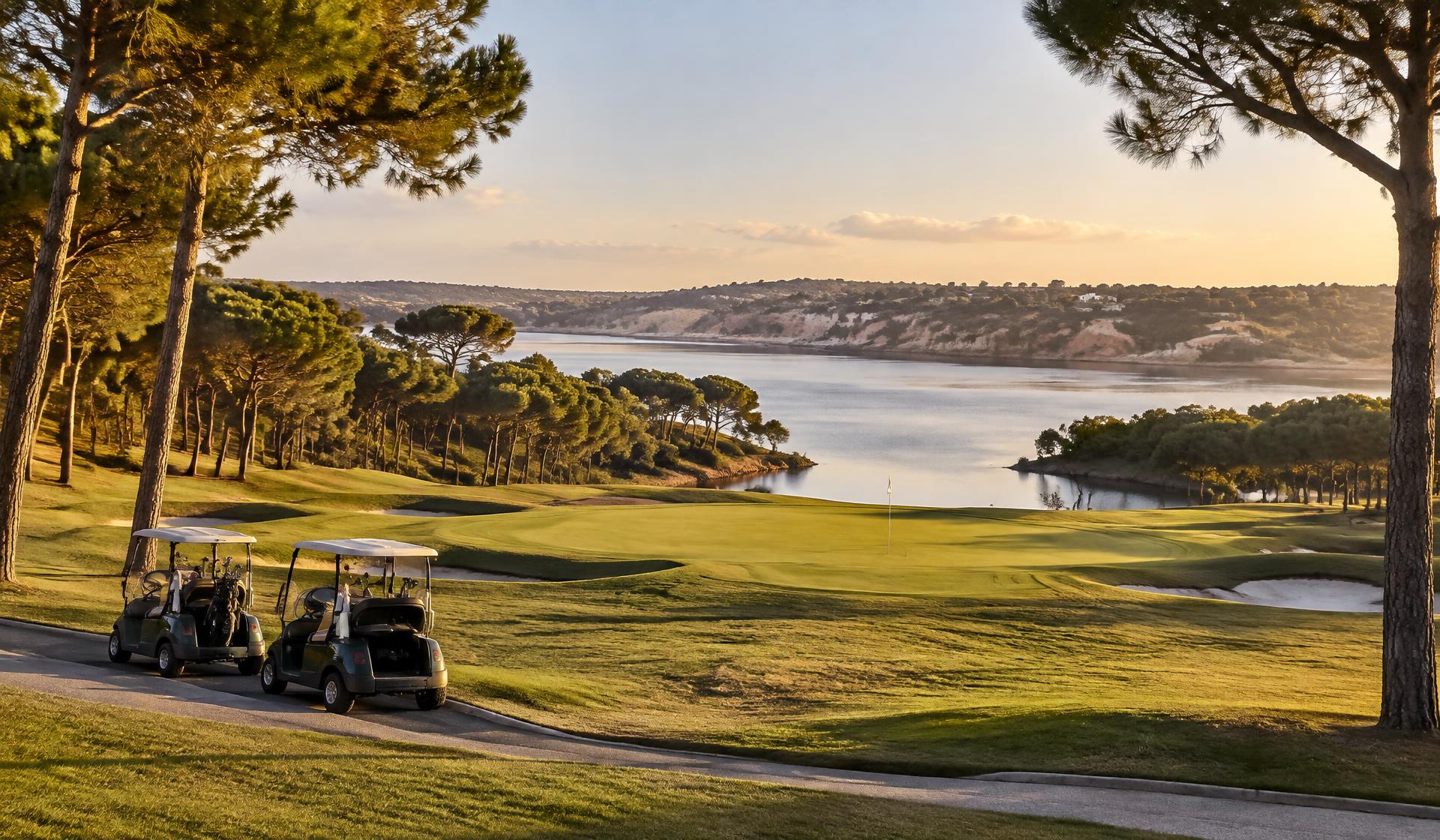 Pine-lined fairway beside a lake in warm late-afternoon light