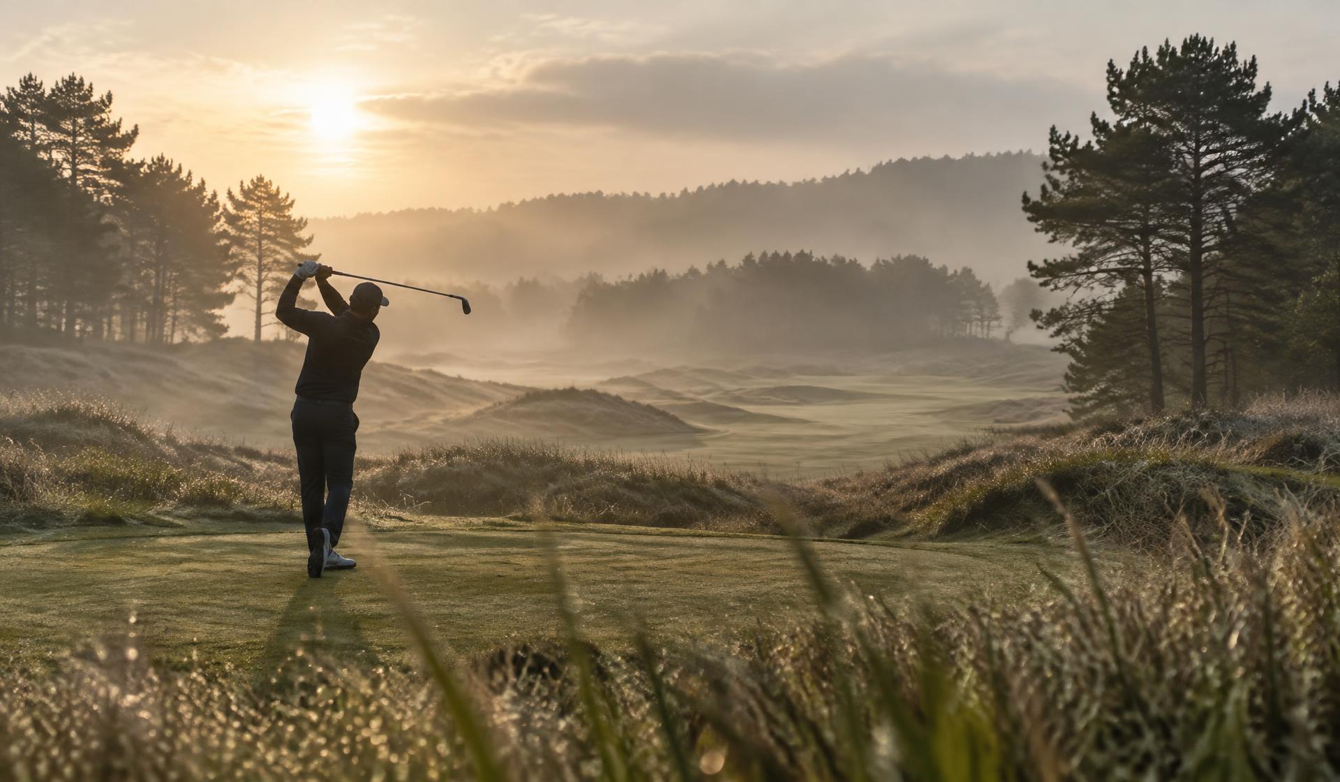 Morning mist over a dune-land fairway with a golfer mid-swing