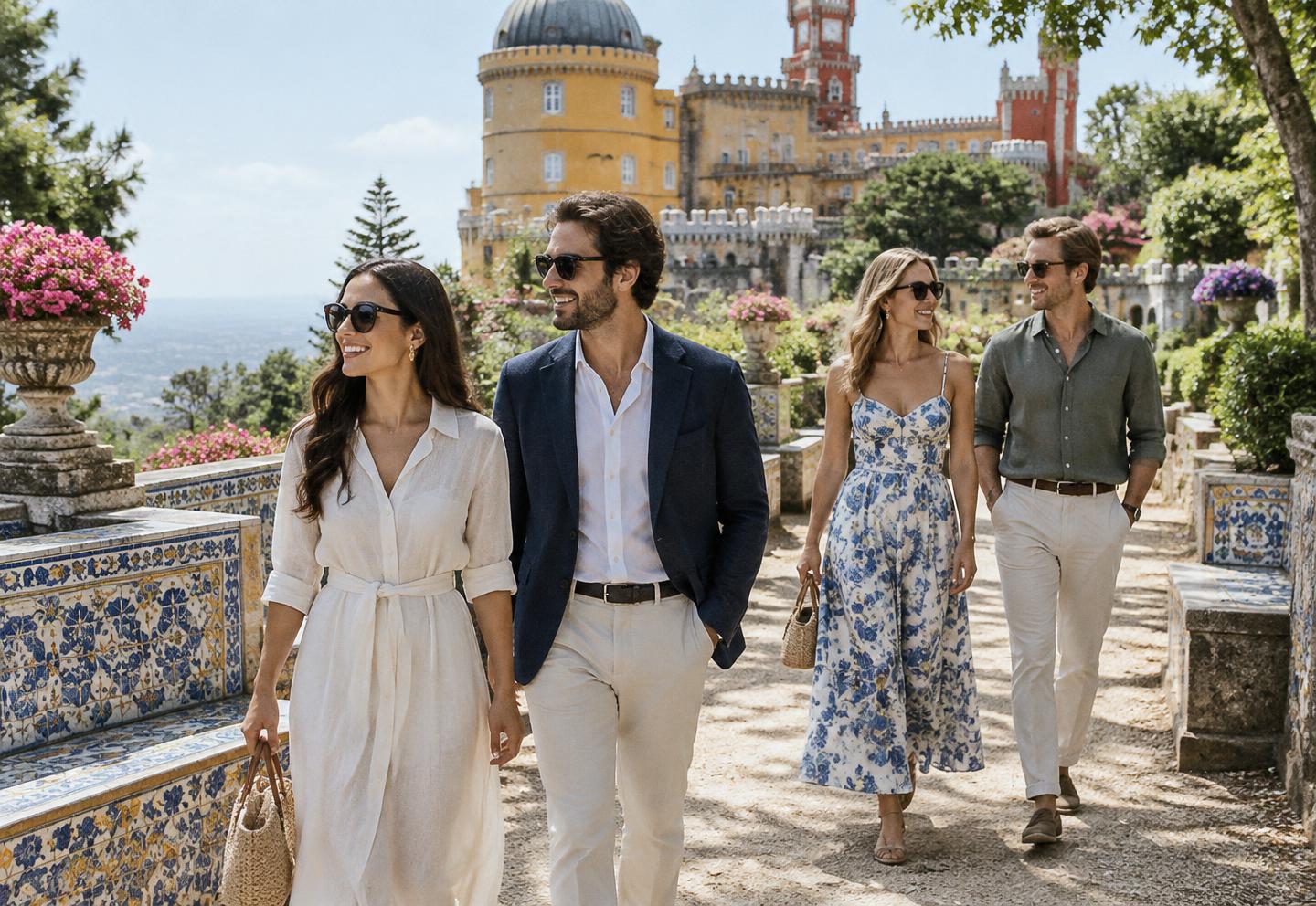 Two couples walking through a tiled palace garden in the sunshine