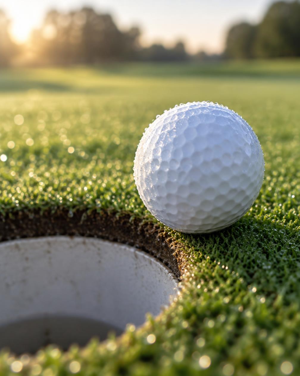 A dew-covered golf ball resting on the lip of the cup