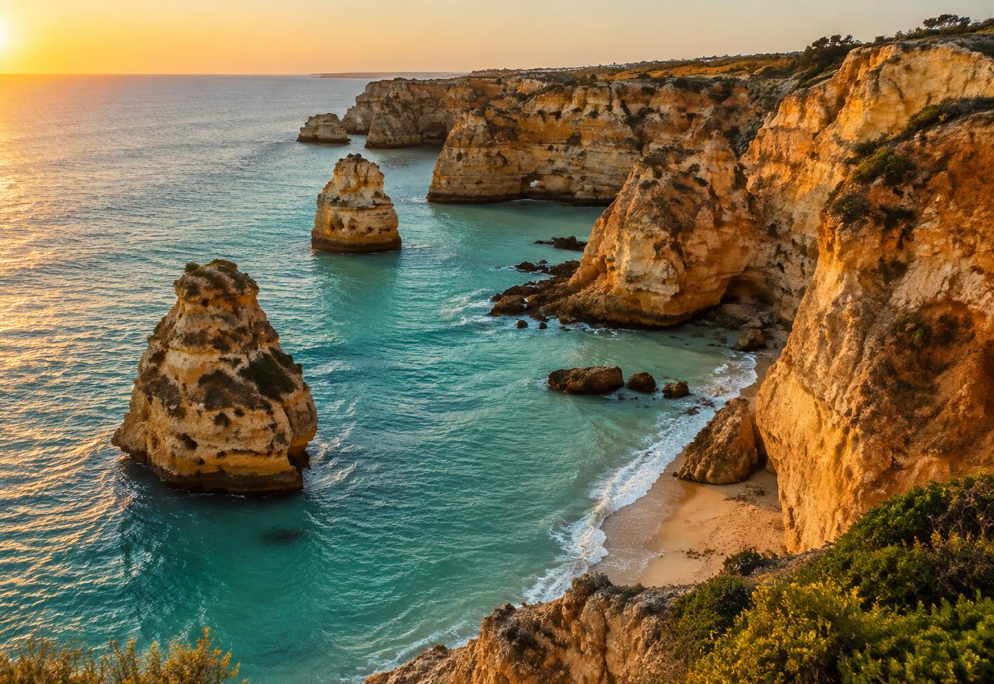 Ochre sandstone cliffs and turquoise sea on the southern Portuguese coast