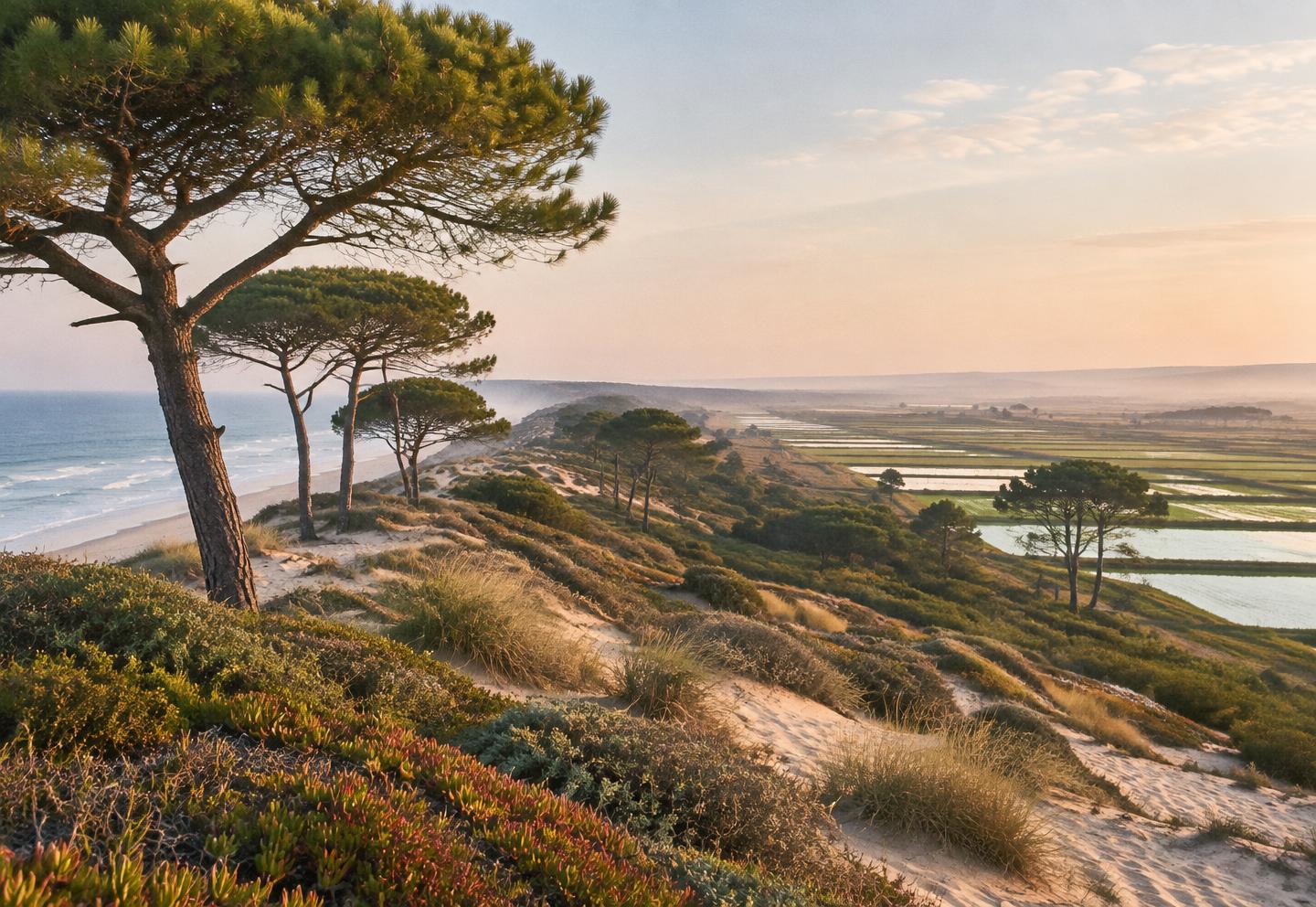 Wild Atlantic dunes and pines beside rice fields in pastel morning light