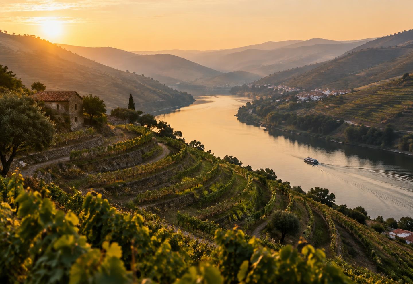 Terraced vineyards above the Douro river at golden hour