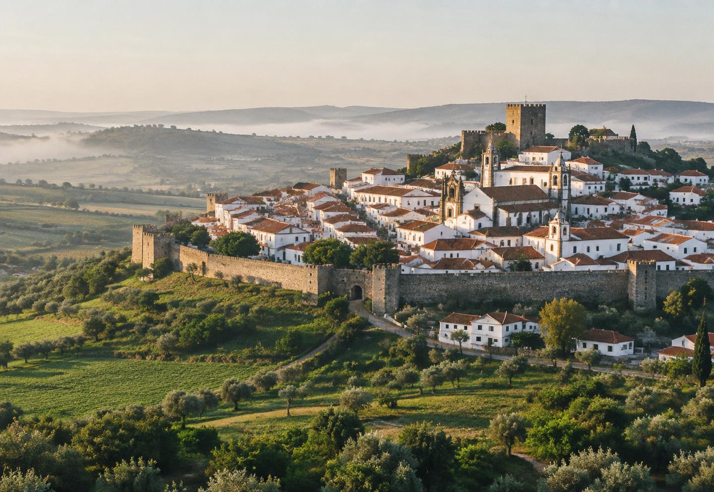 A white medieval walled hilltop town among green fields