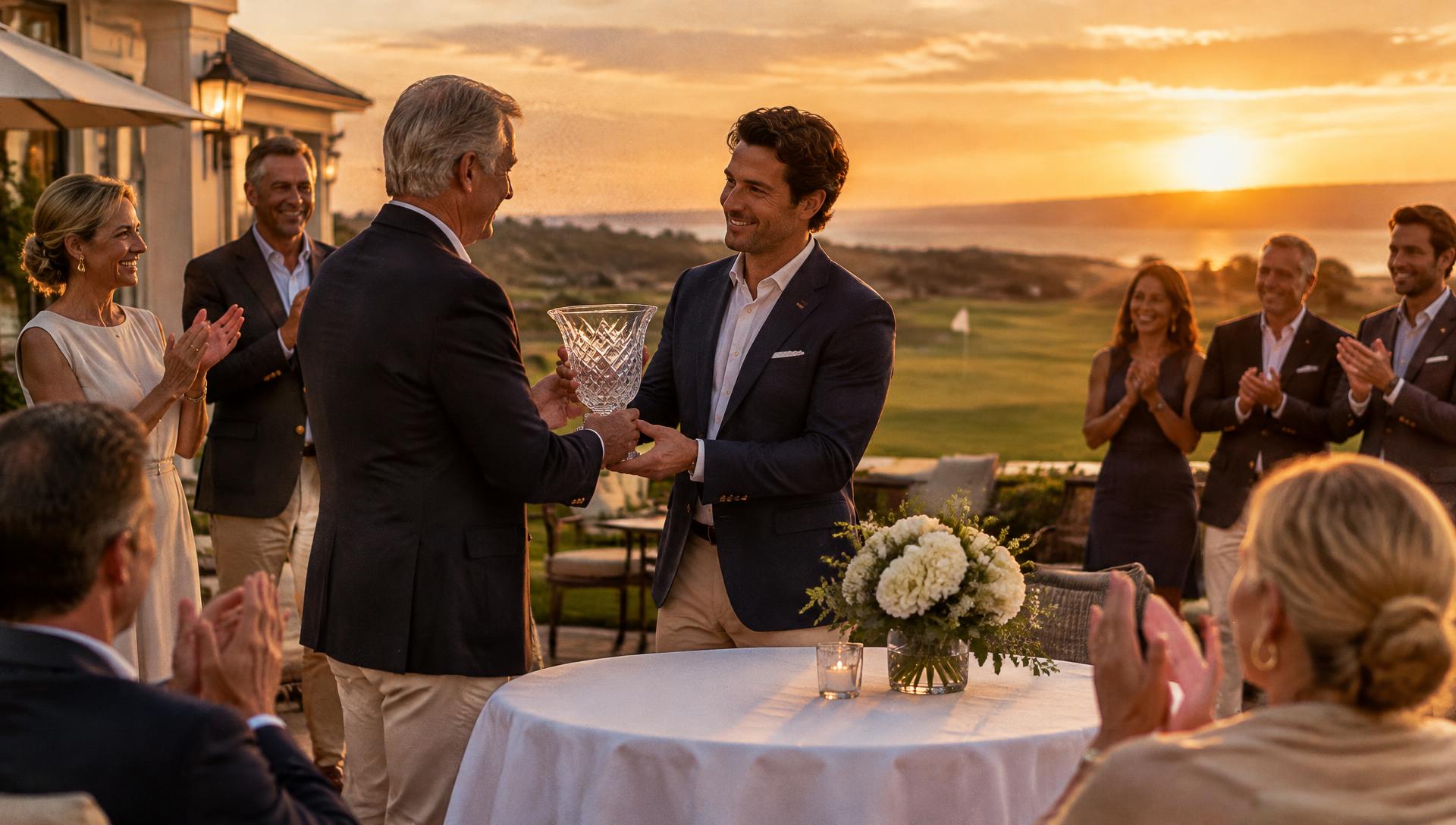 Prize-giving on a golf terrace at sunset with a crystal trophy on a linen table