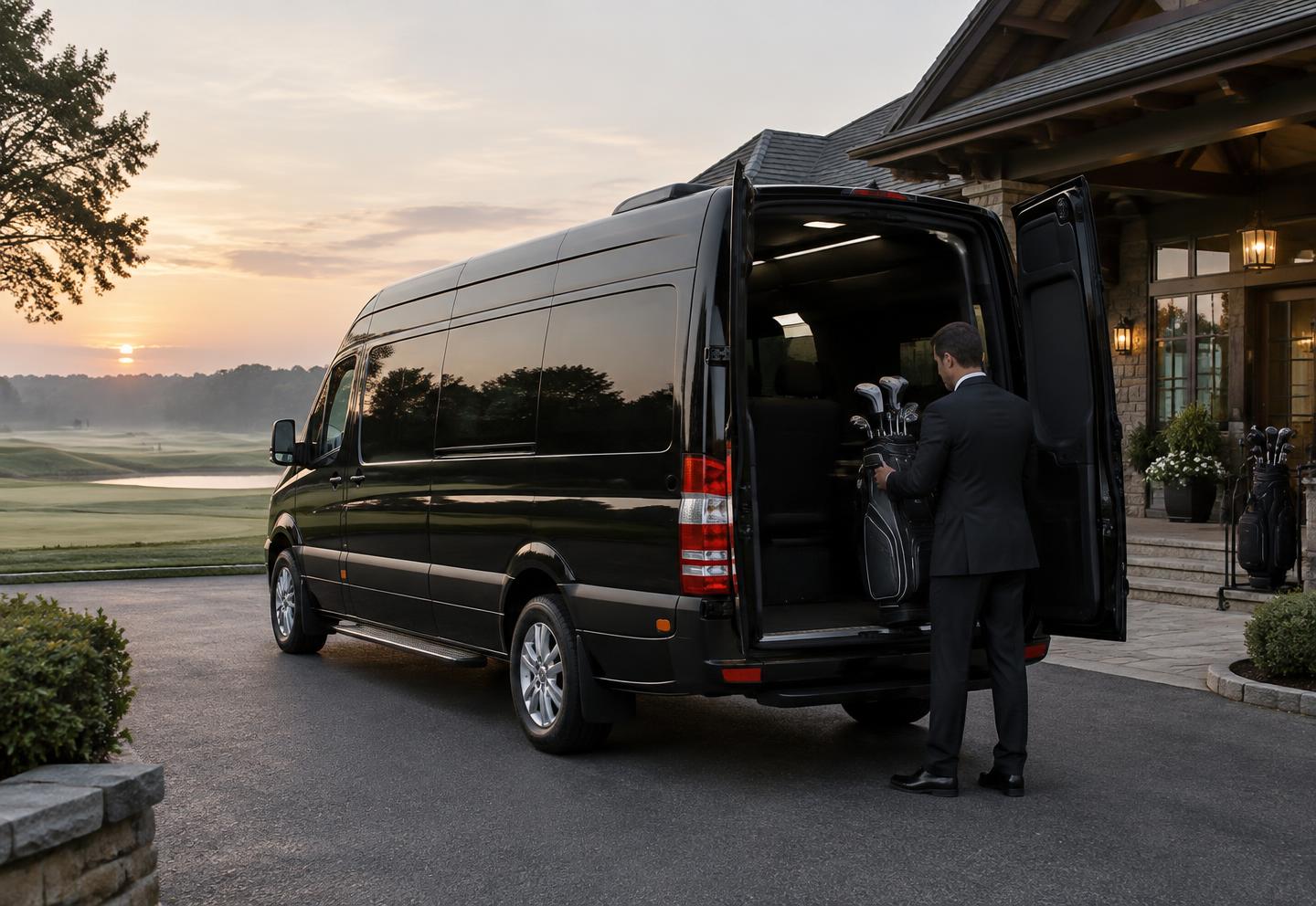 A chauffeur loading golf bags into a black minibus at a clubhouse entrance at dawn
