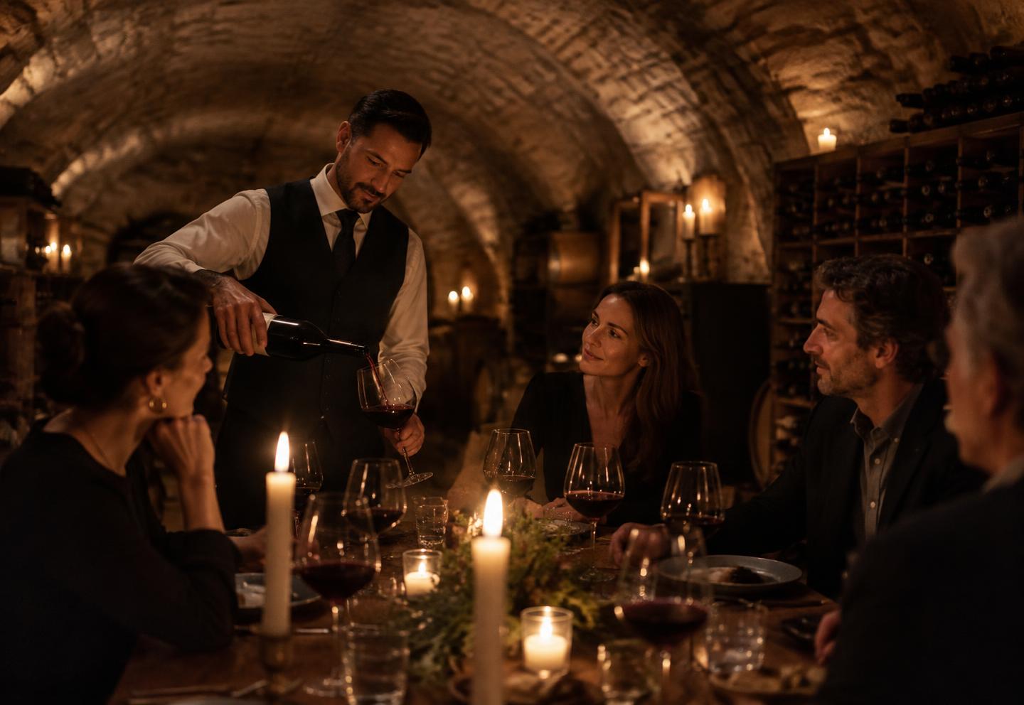A sommelier pouring red wine at a candlelit dinner in a vaulted stone cellar